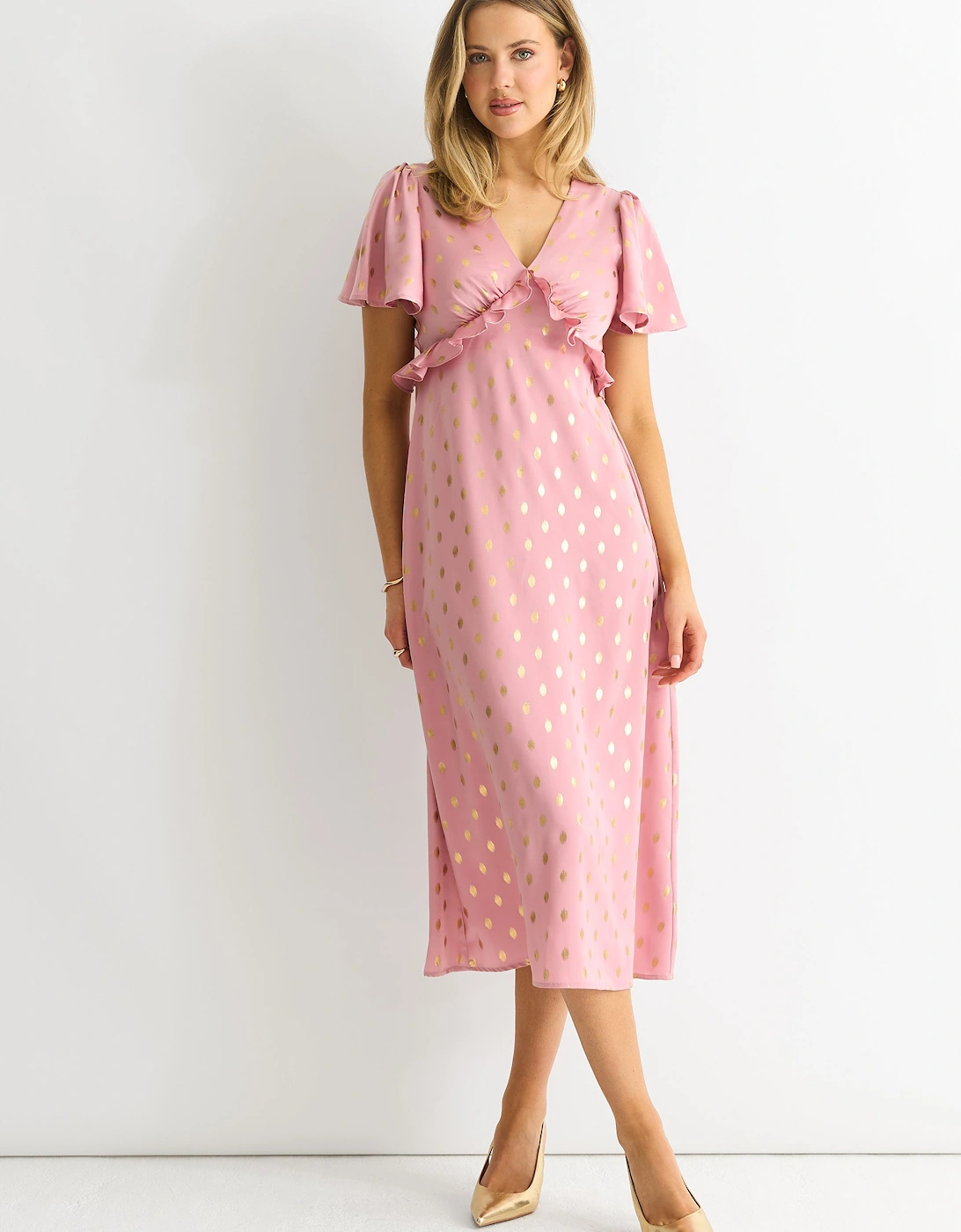 Blush Metallic Foil V Neck Midi Dress, 2 of 1