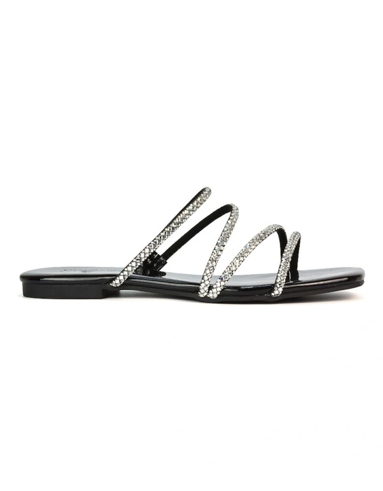 'Kiki' Flat Diamante Slider Sandal Shoes With Square Toe