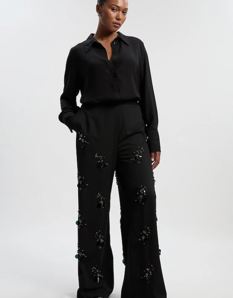 Plus Size Cluster Sequin & Crystal Embellished Tailored Wide Leg Trouser