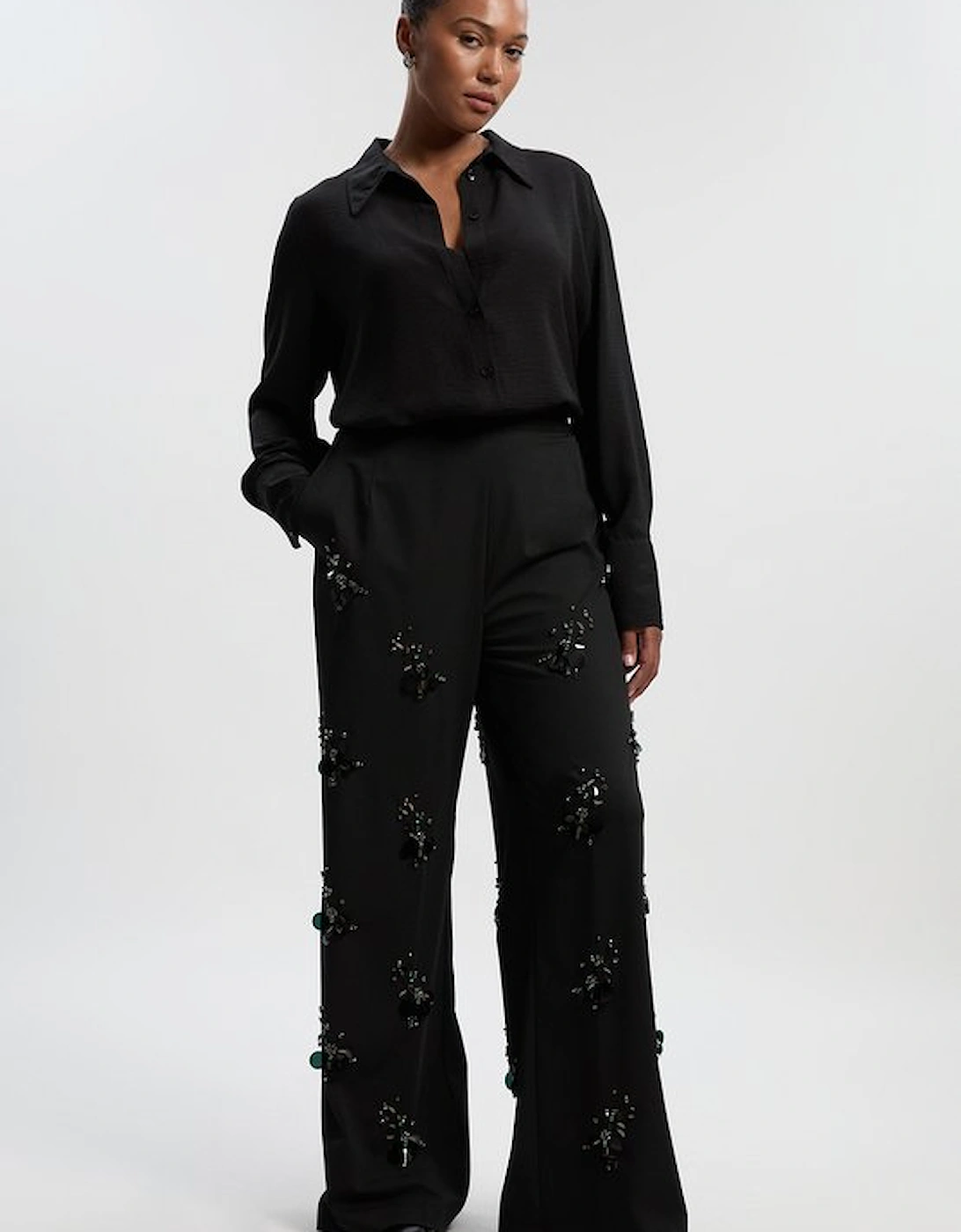 Plus Size Cluster Sequin & Crystal Embellished Tailored Wide Leg Trouser, 2 of 1