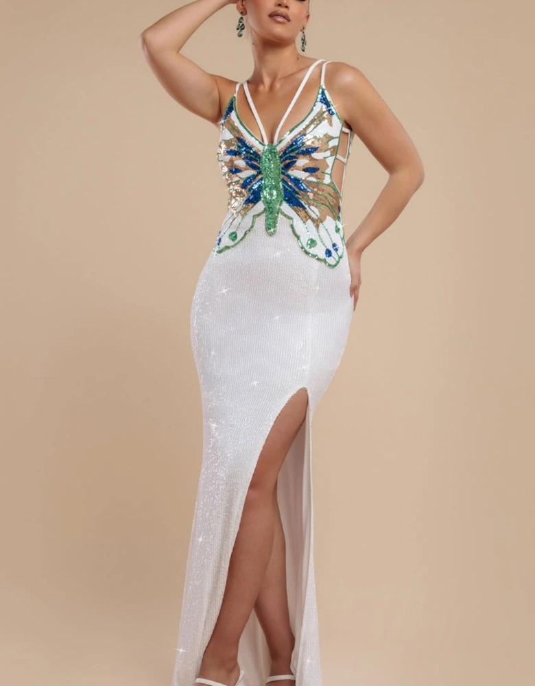 Sequin Butterfly Front Split Maxi Dress