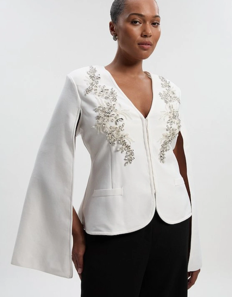 Plus Size Bandage Form Fitting Cape Sleeve Embellished Jacket