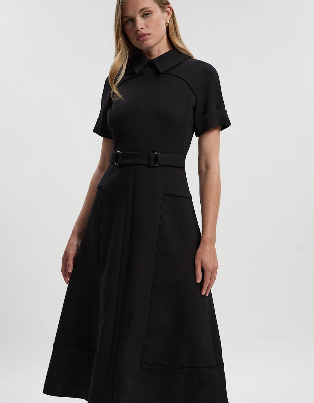 Compact Stretch Tab Detail Full Skirted Midi Dress, 2 of 1