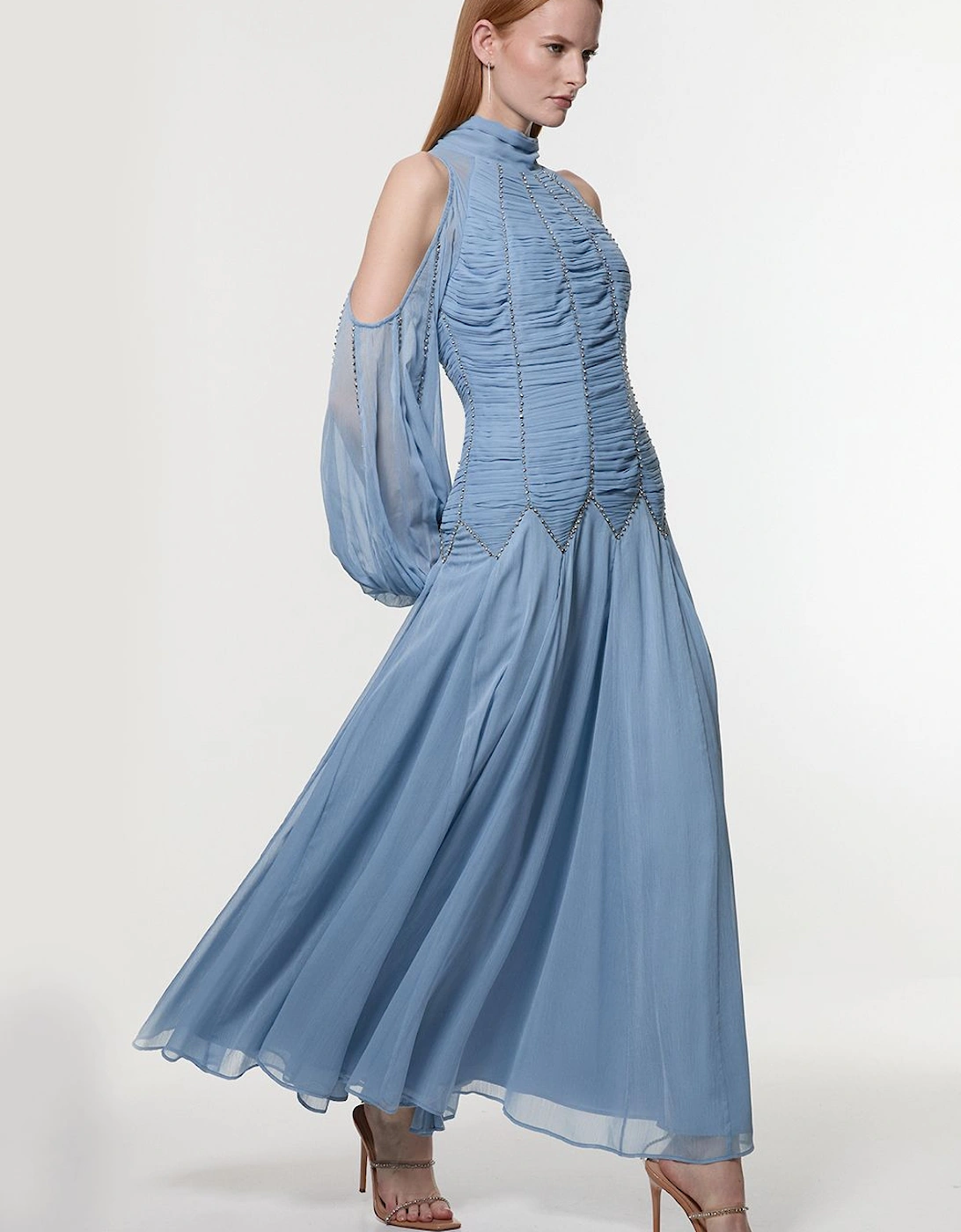 High Neck Embellished Ruched Georgette Woven Maxi Dress, 2 of 1