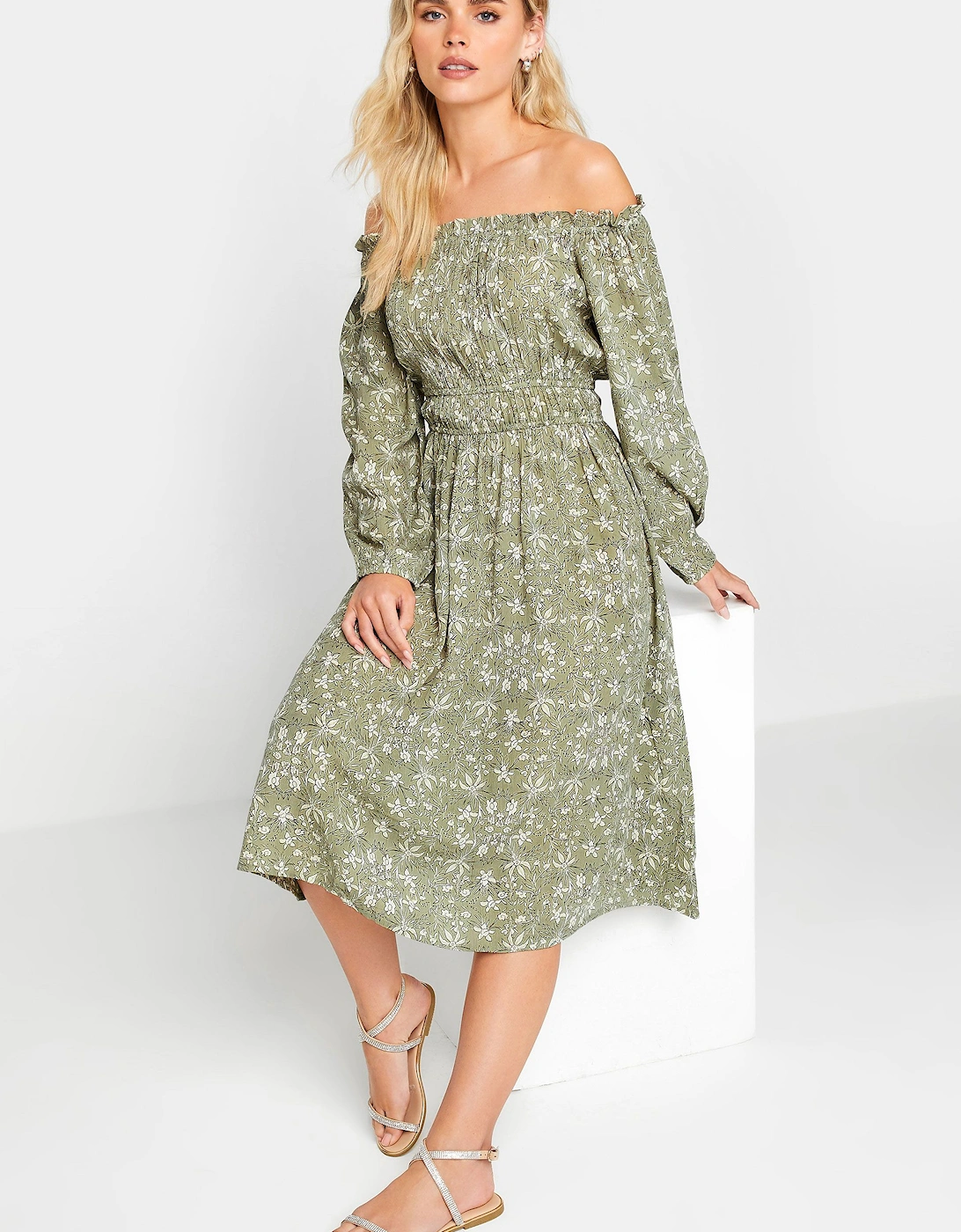 Petite Ditsy Floral Print Bardot Midi Dress, 2 of 1