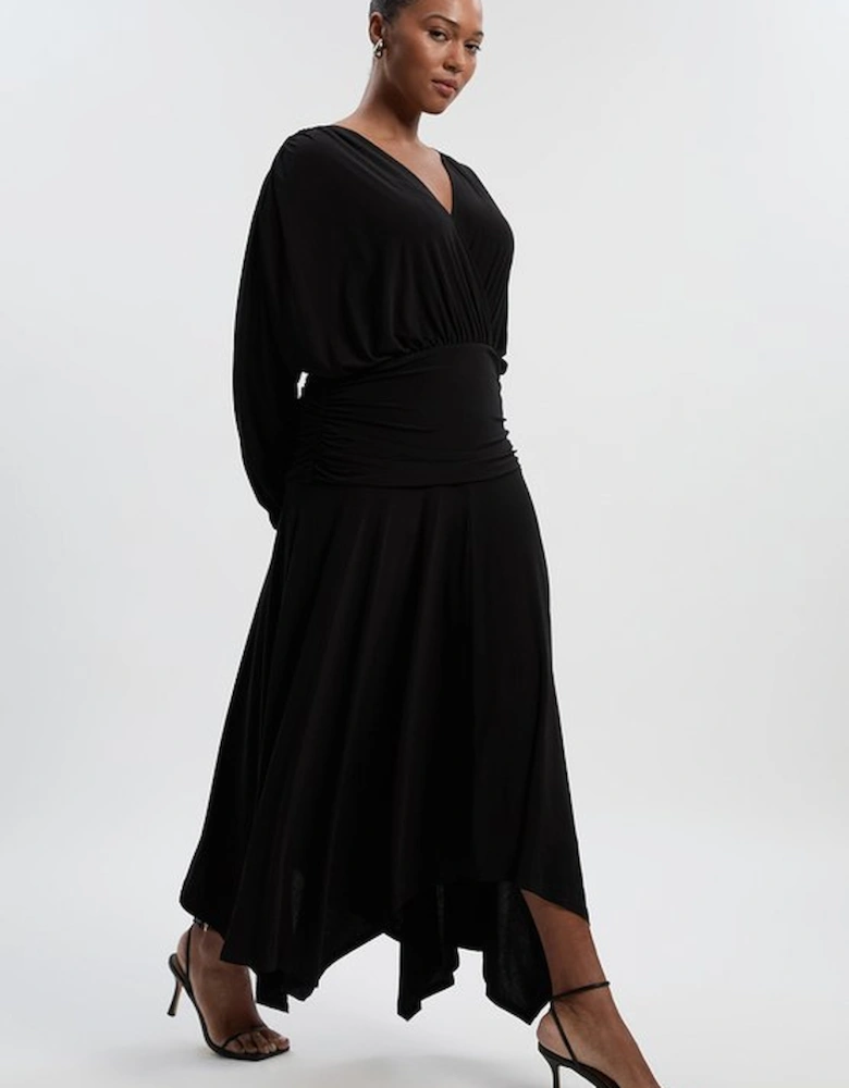 Plus Size Stretch Drapey Crepe Ruched Plunge Neck Batwing Sleeve Maxi Dress