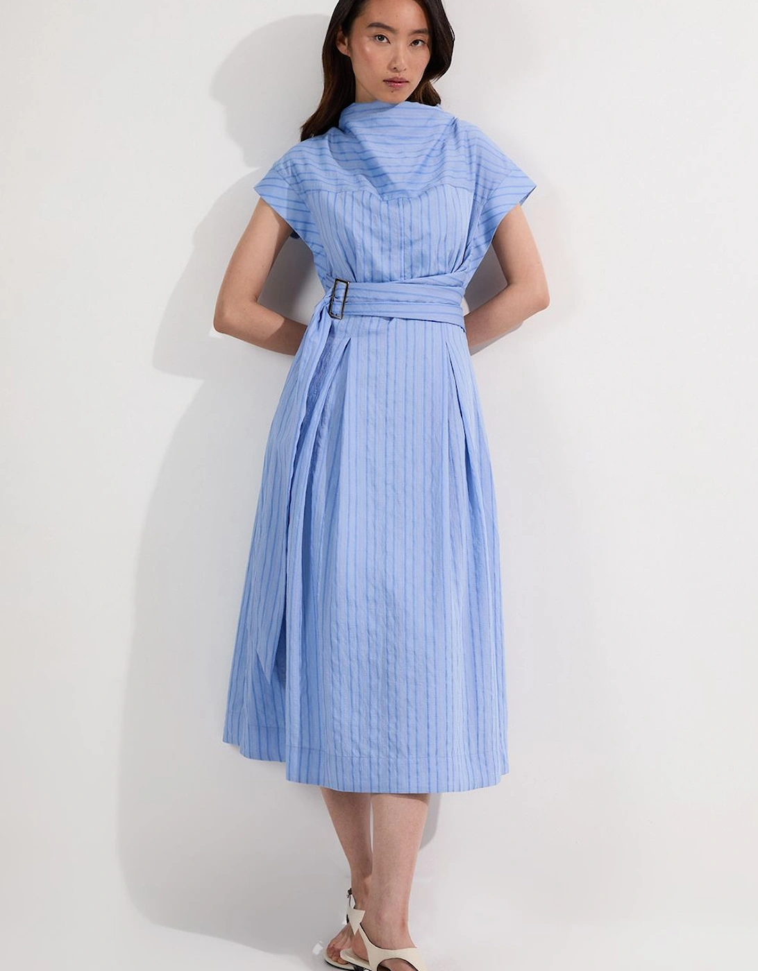 Cotton Stripe High Neck Belted Woven Midi Shirt Dress, 2 of 1