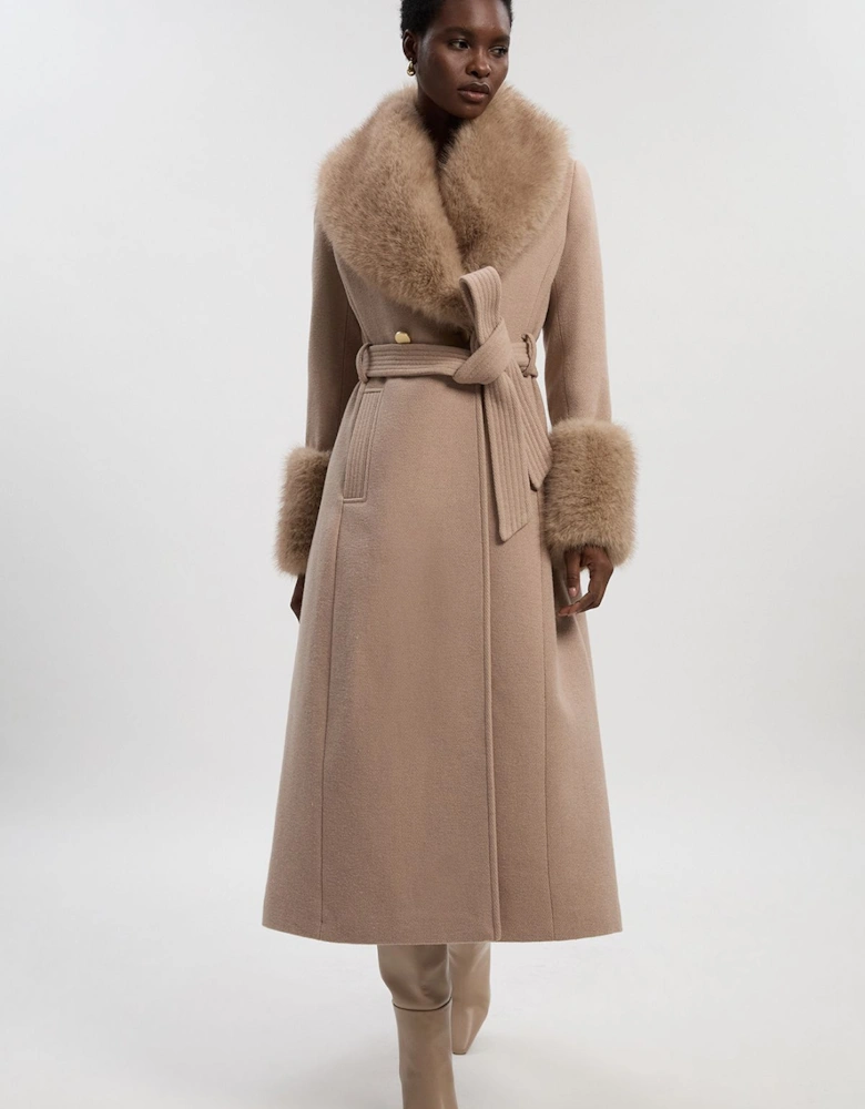 Wool Blend Detachable Faux Fur Belted Midi Coat