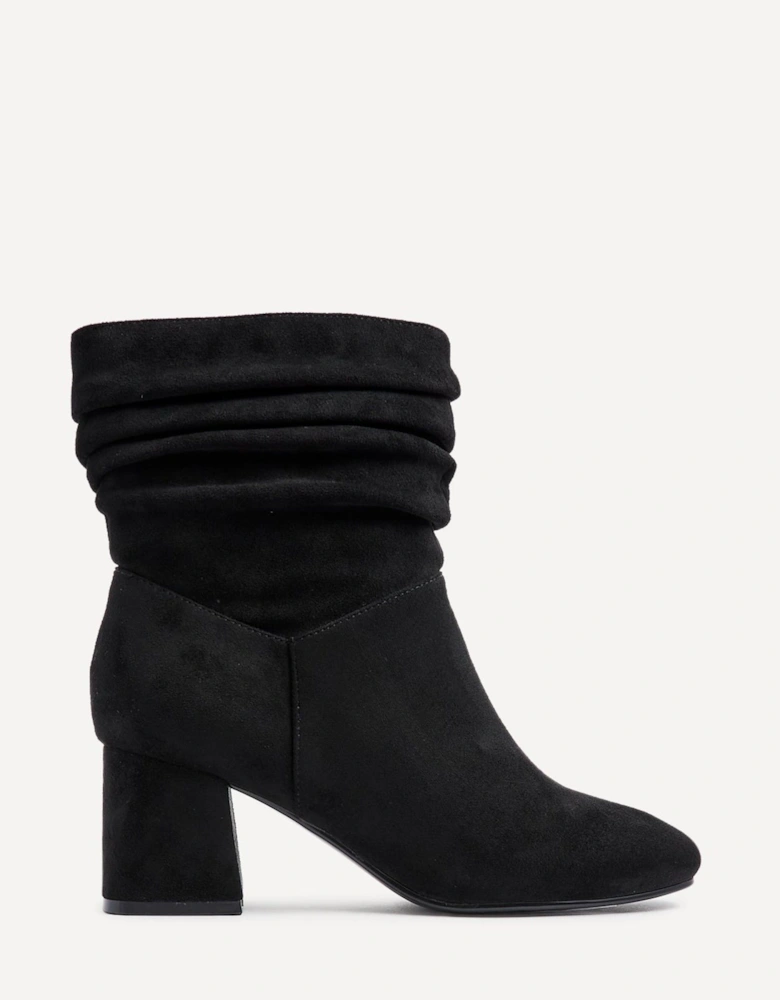 Zayda Wide Fit Black Faux Suede Ruched Heeled Ankle Boot