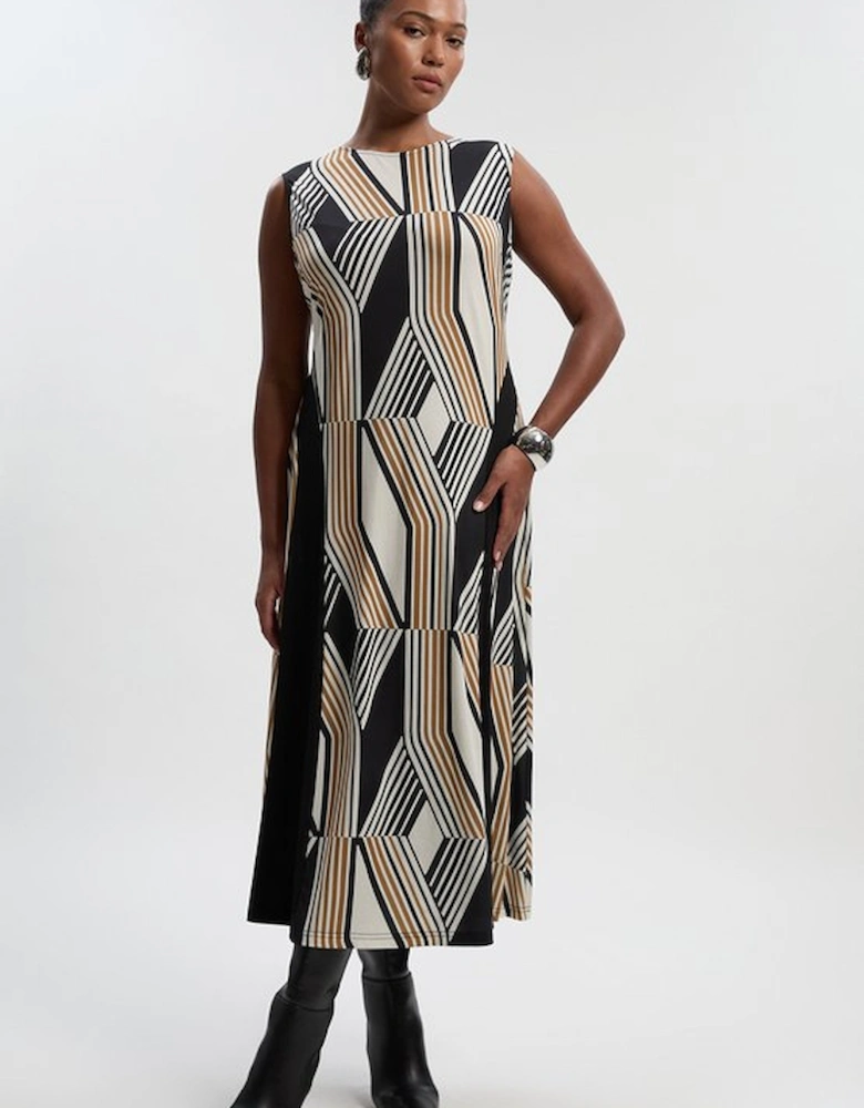 Plus Size Geo Print Crepe Pleated Maxi Dress