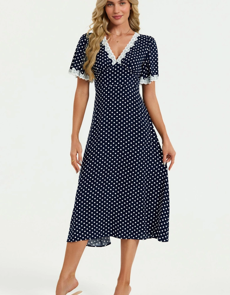 Lace Trim Dot Print Midi Dress In Navy