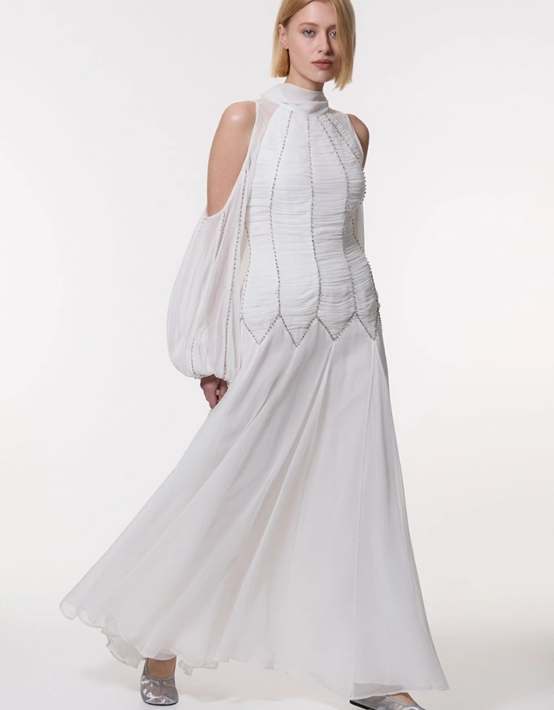 High Neck Embellished Ruched Georgette Woven Maxi Dress
