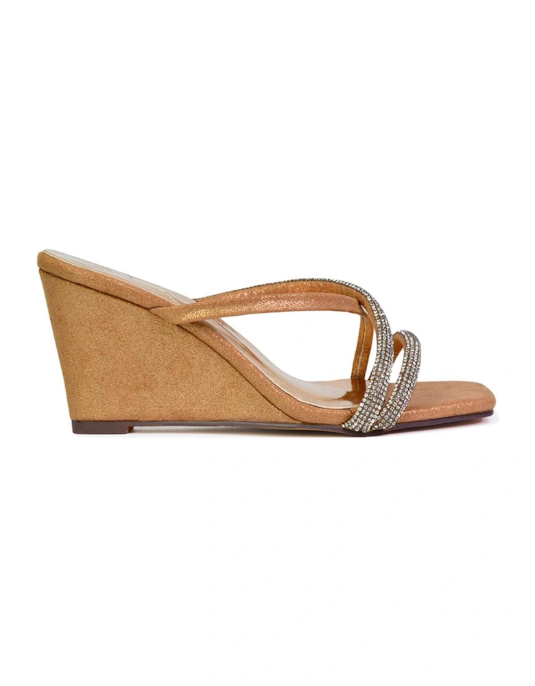 'Kinsley' Diamante Strappy Square Toe Sandal Wedge Heels