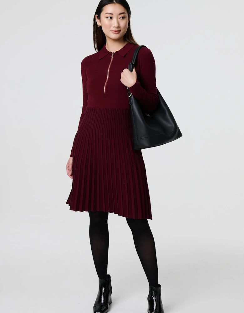 Zip Collar Pleated Knit Midi Dress