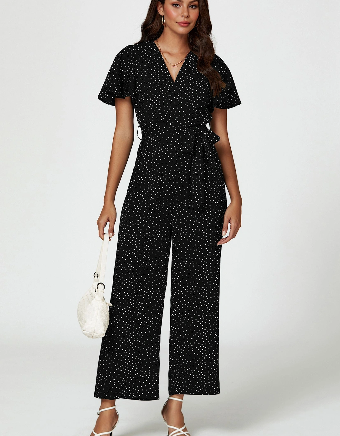 Dot Print Wrap Top Jumpsuit In Black, 2 of 1