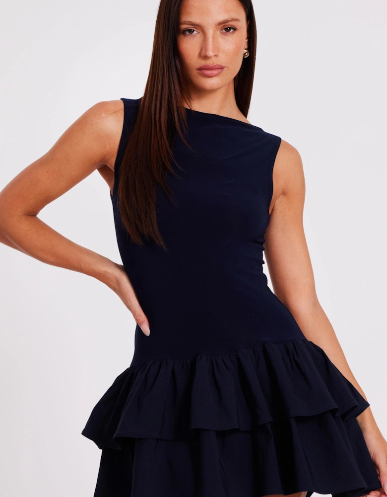 Navy Ruffle Hem Mini Dress
