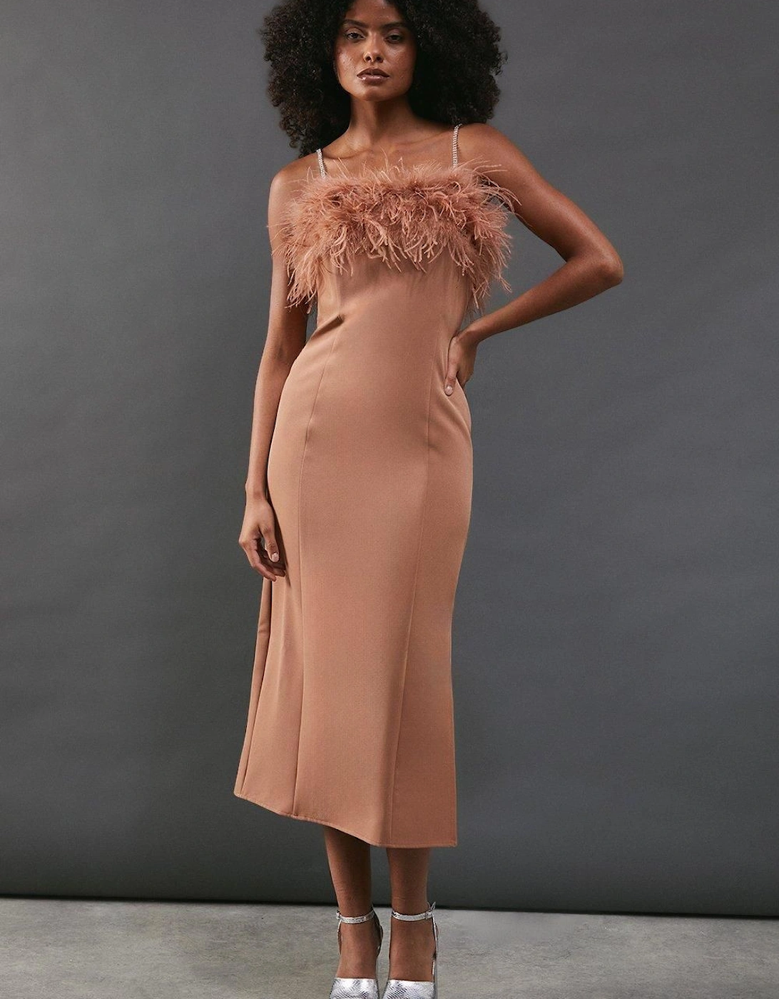 Feather Detail Diamante Strap Bandeau Midi Dress, 2 of 1