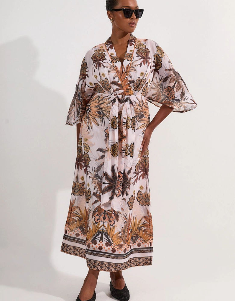 Plus Size Abstract Print Cotton Kimono Sleeve Woven Maxi Dress
