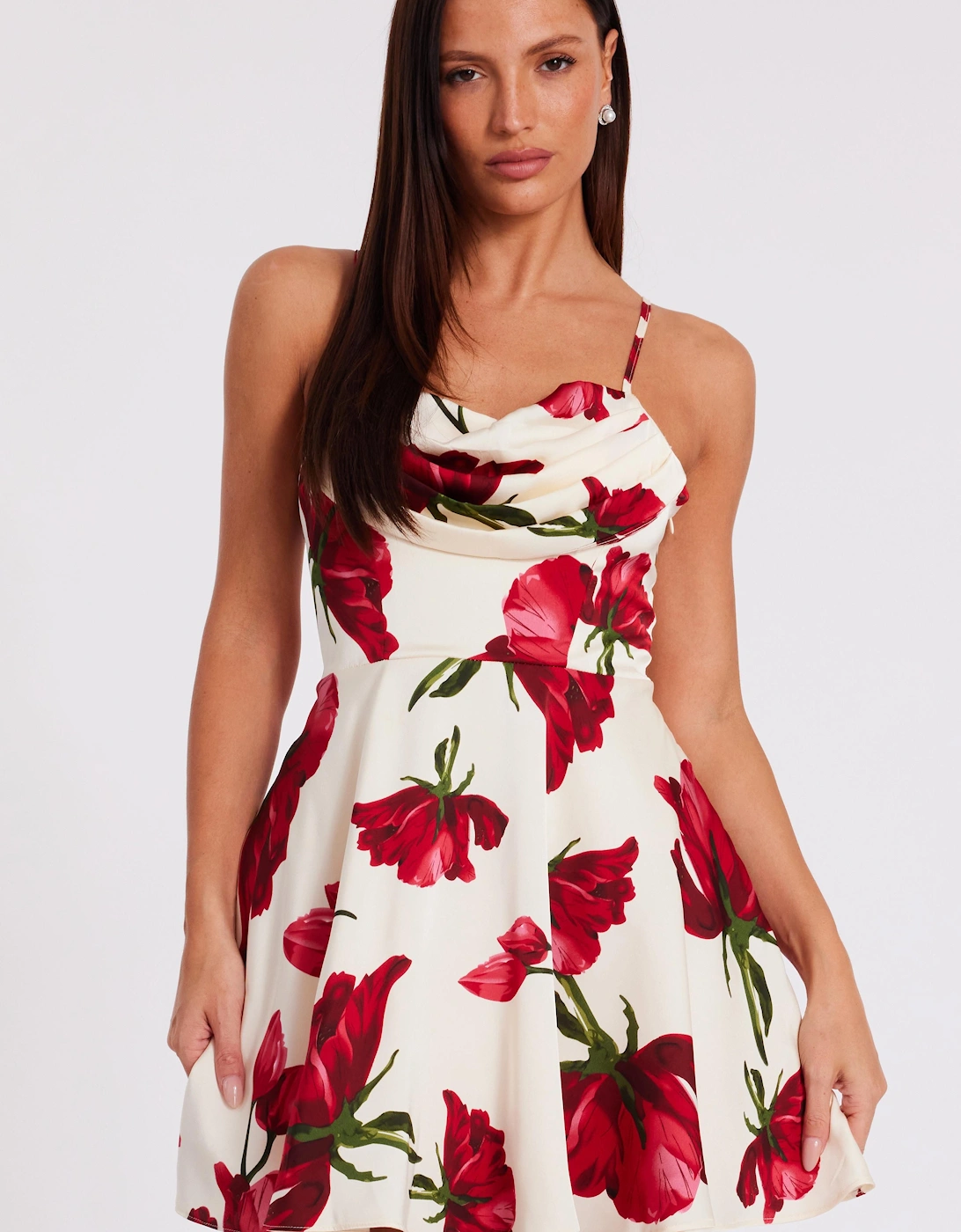 Off White Satin Rose Print Mini Dress, 2 of 1