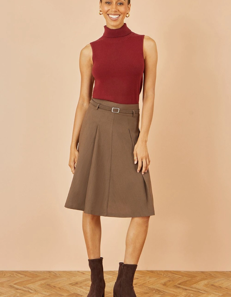 Brown Pleated Midi Skirt With Matching Belt