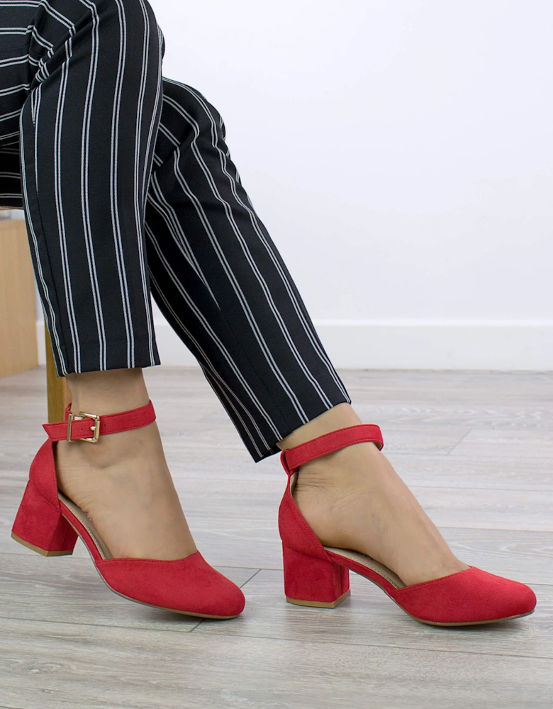 Mid Block Heel Buckle Ankle Strap Faux Suede Heeled Sandals