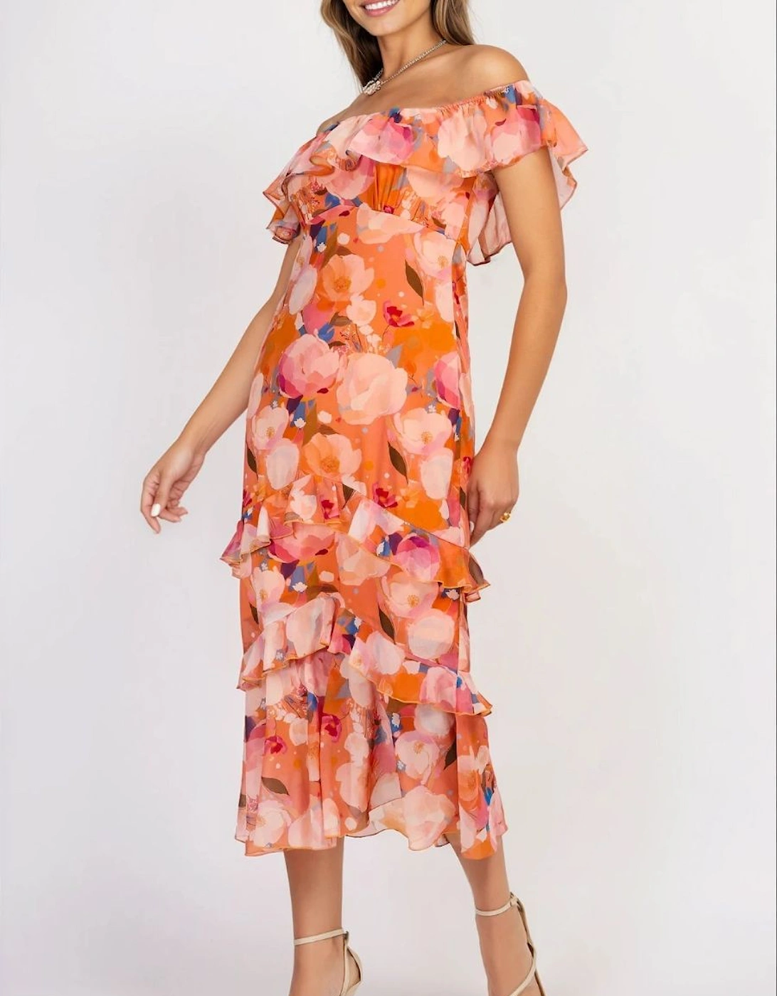 iSKA Print Chiffon Bardot Frill Midaxi Dress, 2 of 1