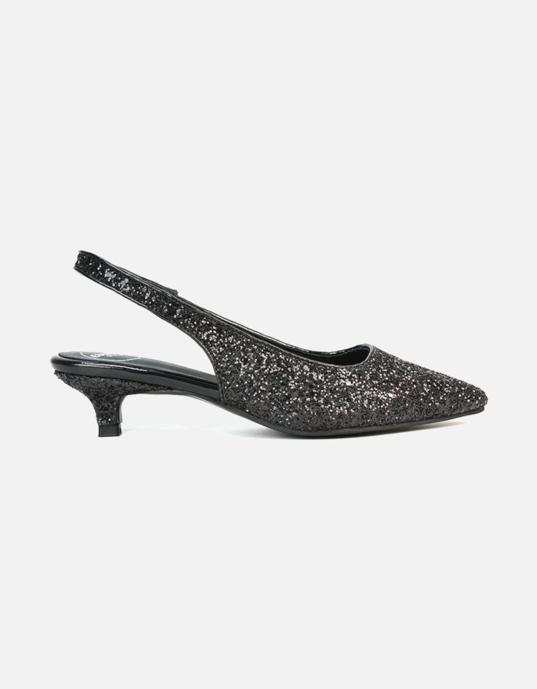 'Gerri' Pointed Toe Glitter Slingback Kitten Heel Court Shoes