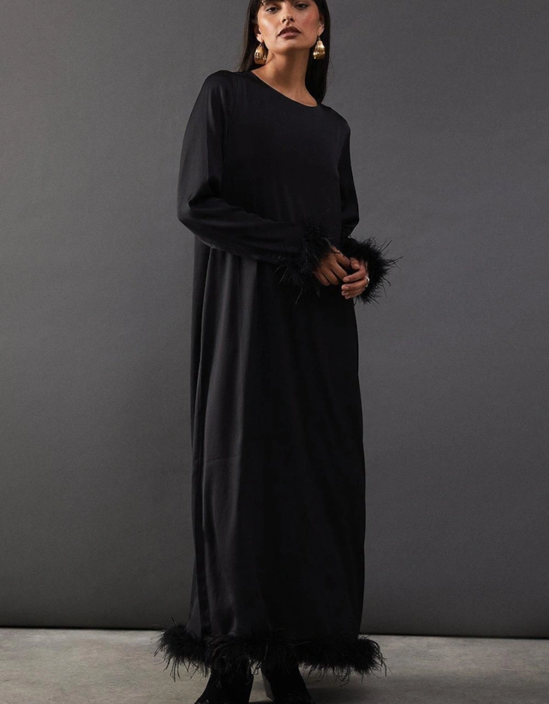 Premium Satin Feather Trim Button Back Midi Dress