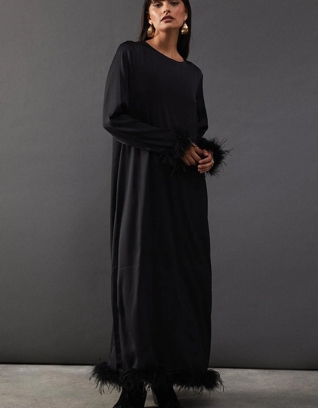 Premium Satin Feather Trim Button Back Midi Dress, 2 of 1