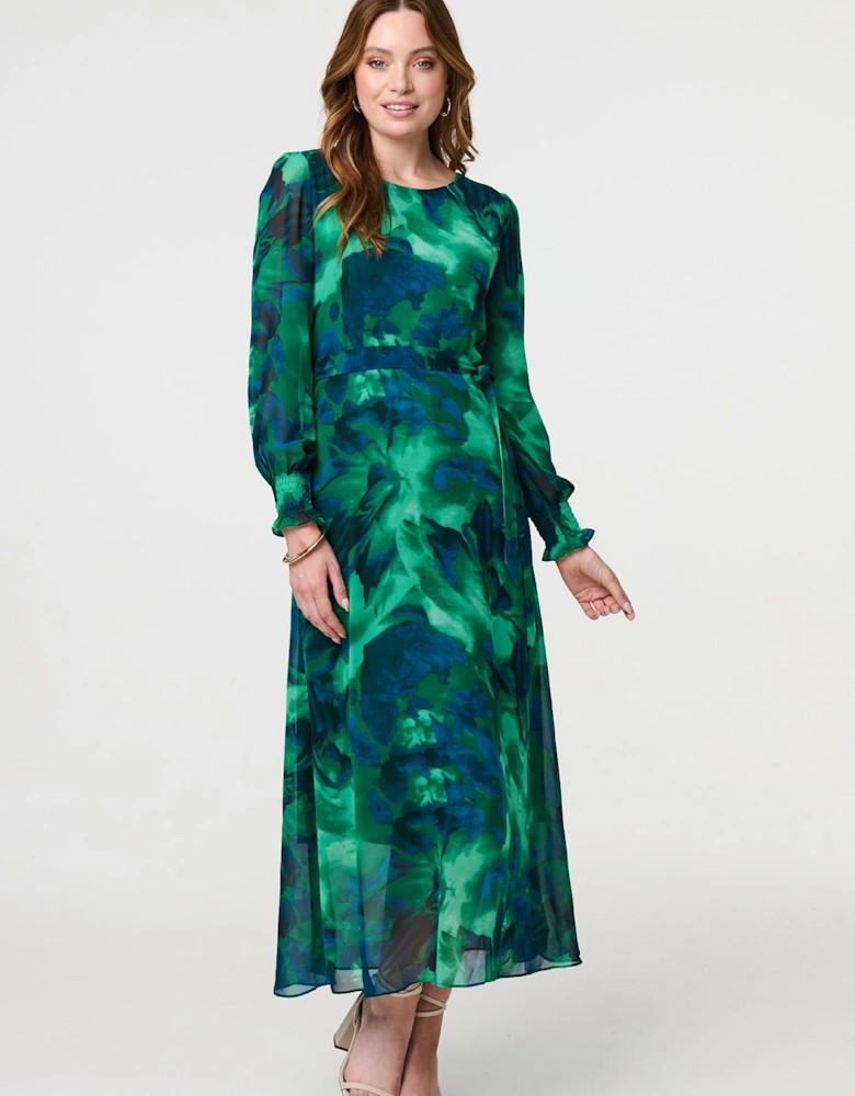 Printed Long Sleeve Chiffon Midi Dress
