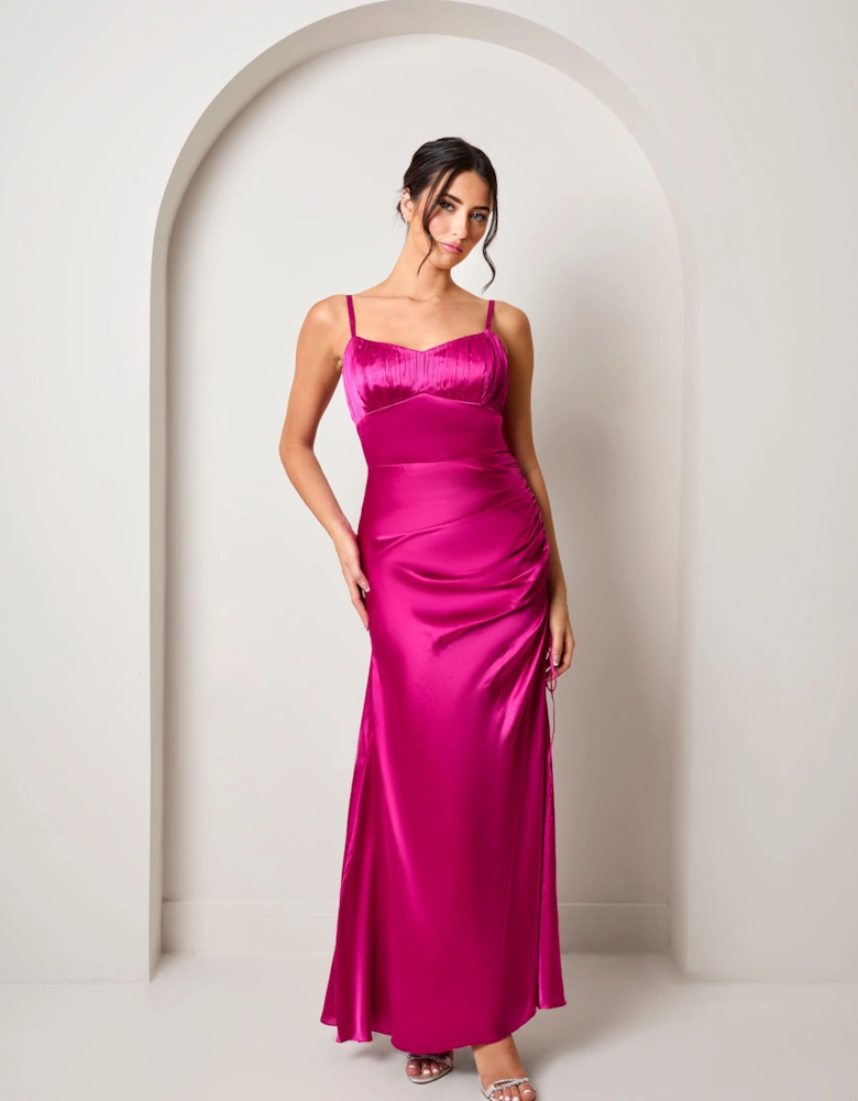 Ruched Bodice Satin Maxi Dress in Pink