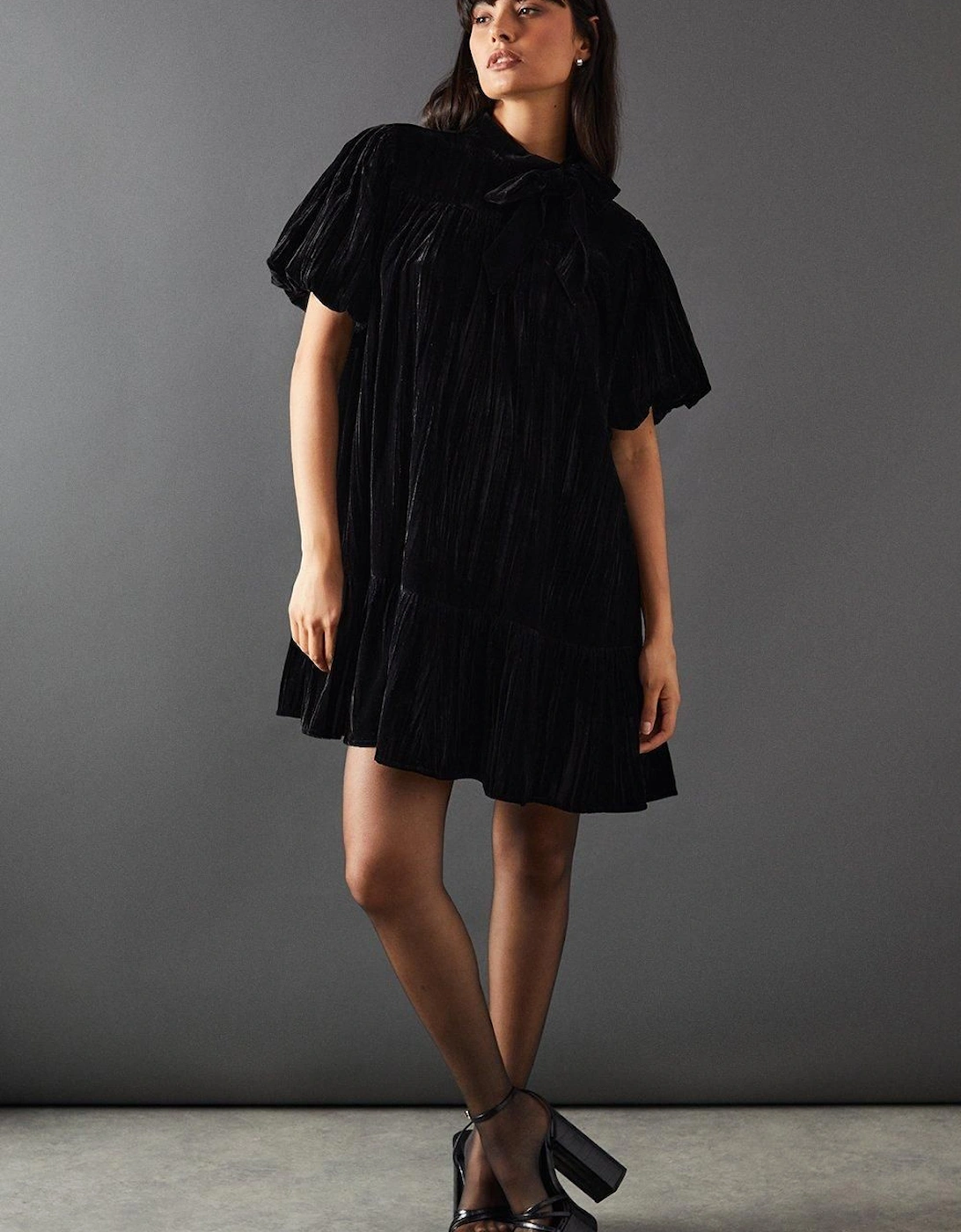 Velvet Crinkle Tie Neck Puff Sleeve Tier Hem Mini Dress, 2 of 1