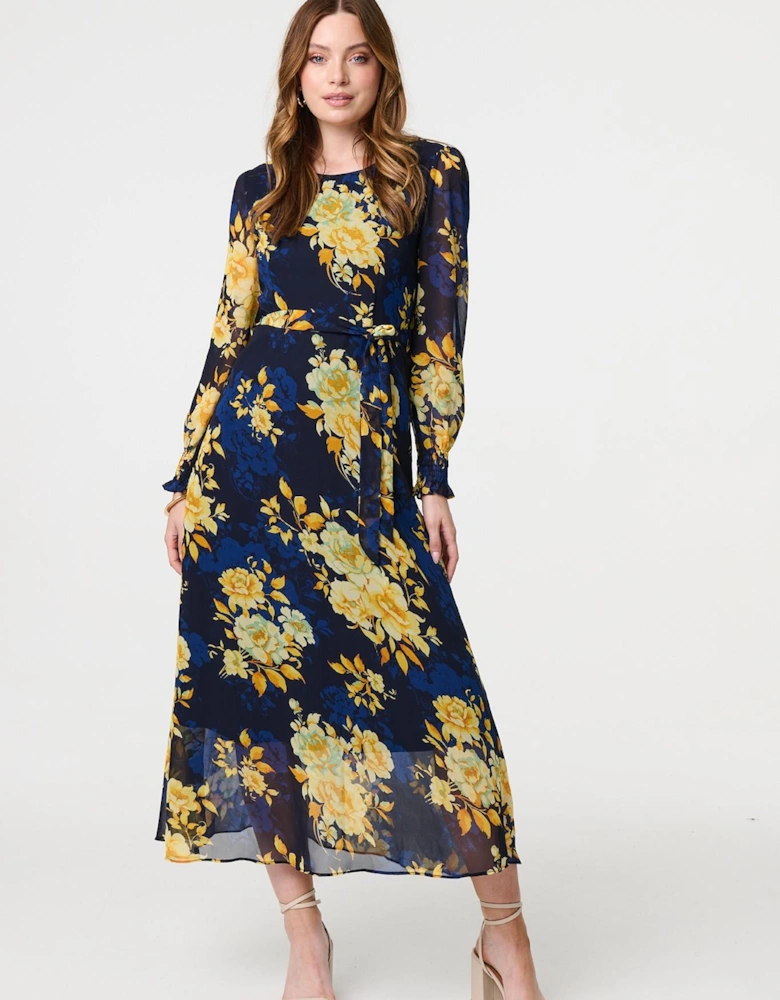 Floral Long Sleeve Chiffon Midi Dress