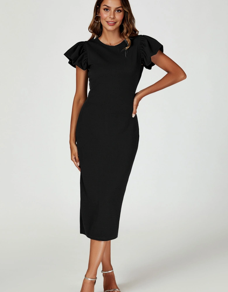 Ruffle Sleeve Bodycon Midi Dress in Pink