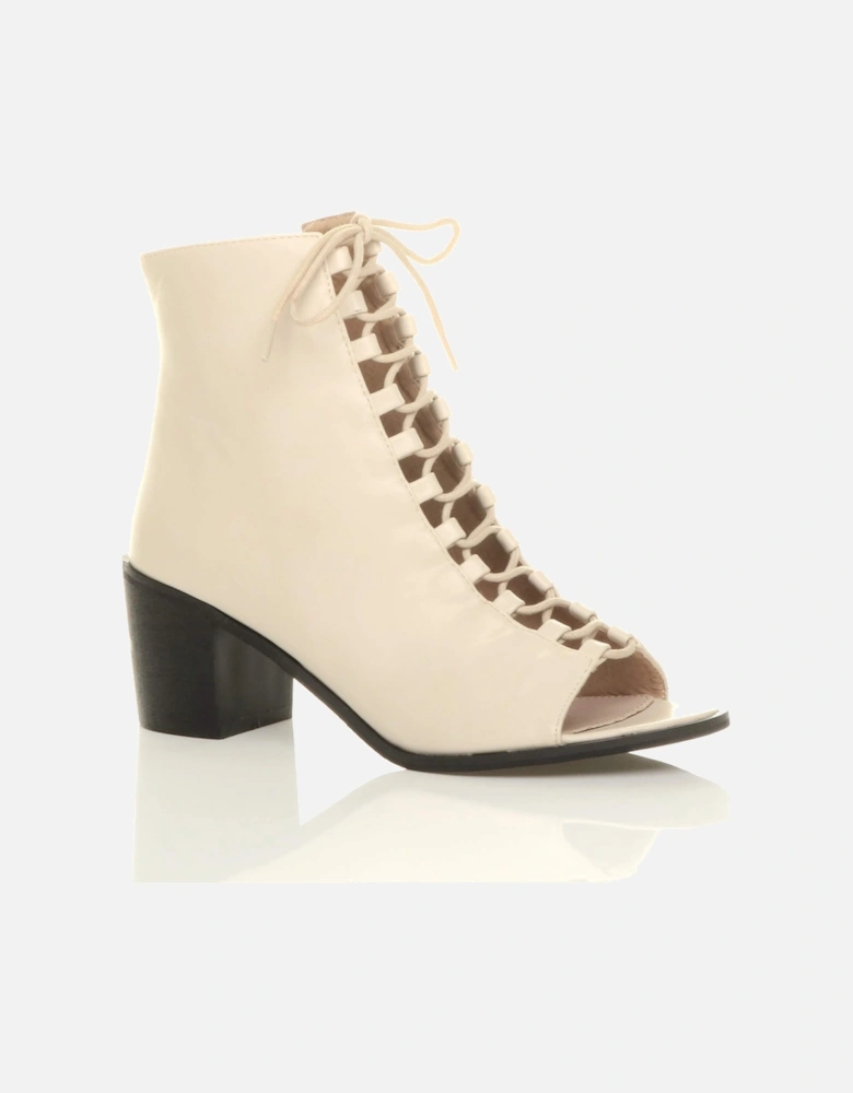 Mid Block Heel Lace Up Peep Toe  Ankle Boots