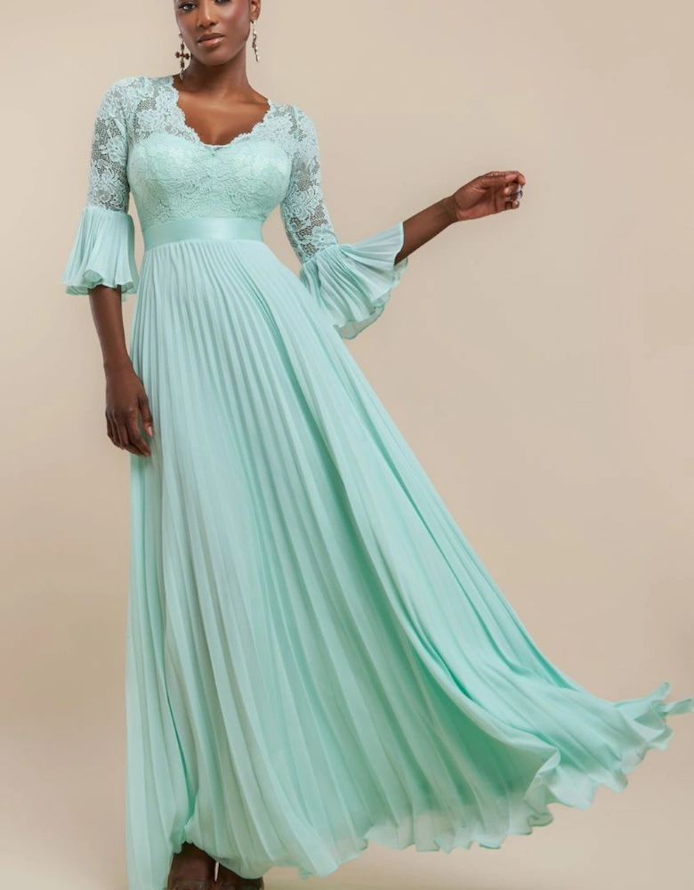 Scalloped Lace Bodice Pleated Chiffon A Line Maxi Dress