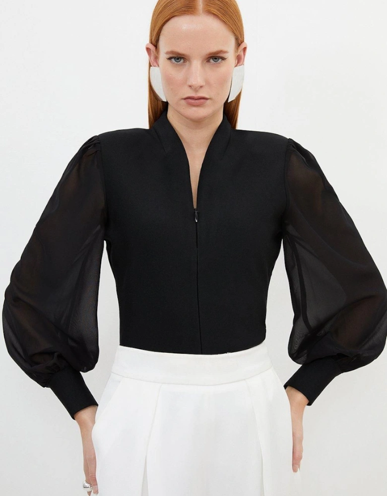 Bandage Figure Form Zip Detail Chiffon Sleeve Knit Top