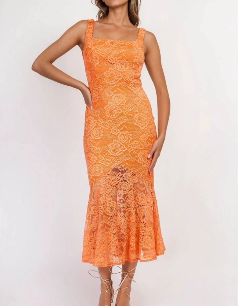 iSKA Orange Lace Square Neck Fishtail Midaxi Dress