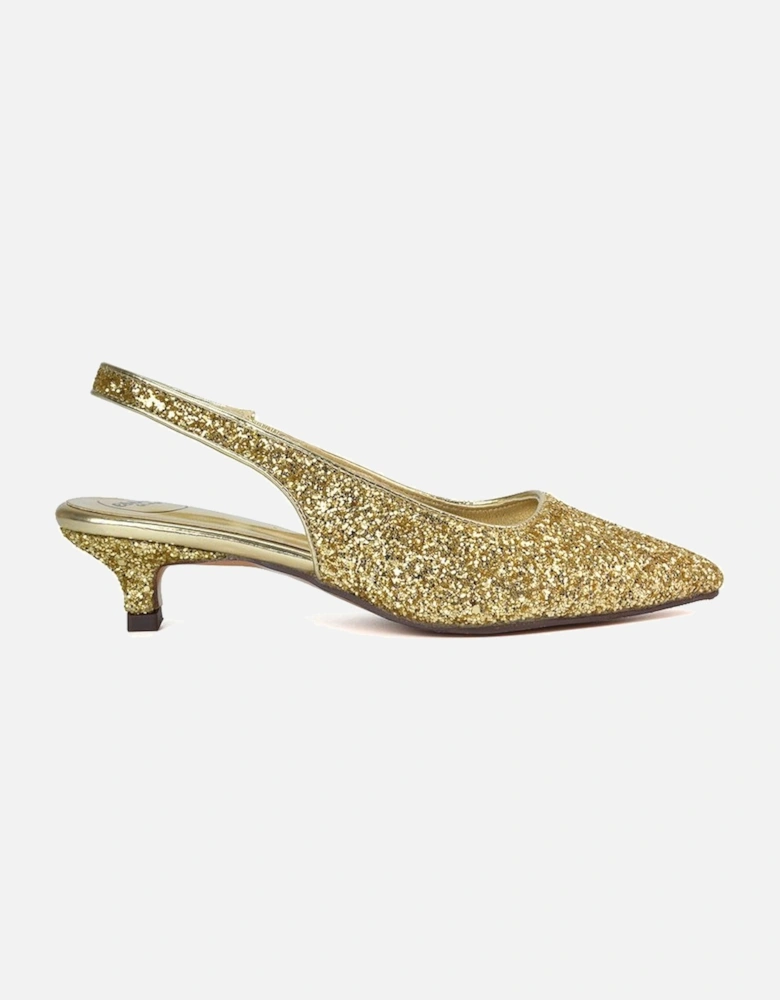 'Gerri' Pointed Toe Glitter Slingback Kitten Heel Court Shoes