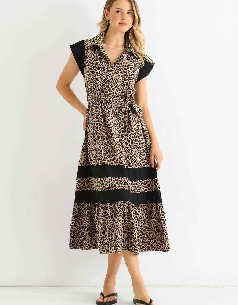 Brown Animal Contrast Panel Smock Midi Dress