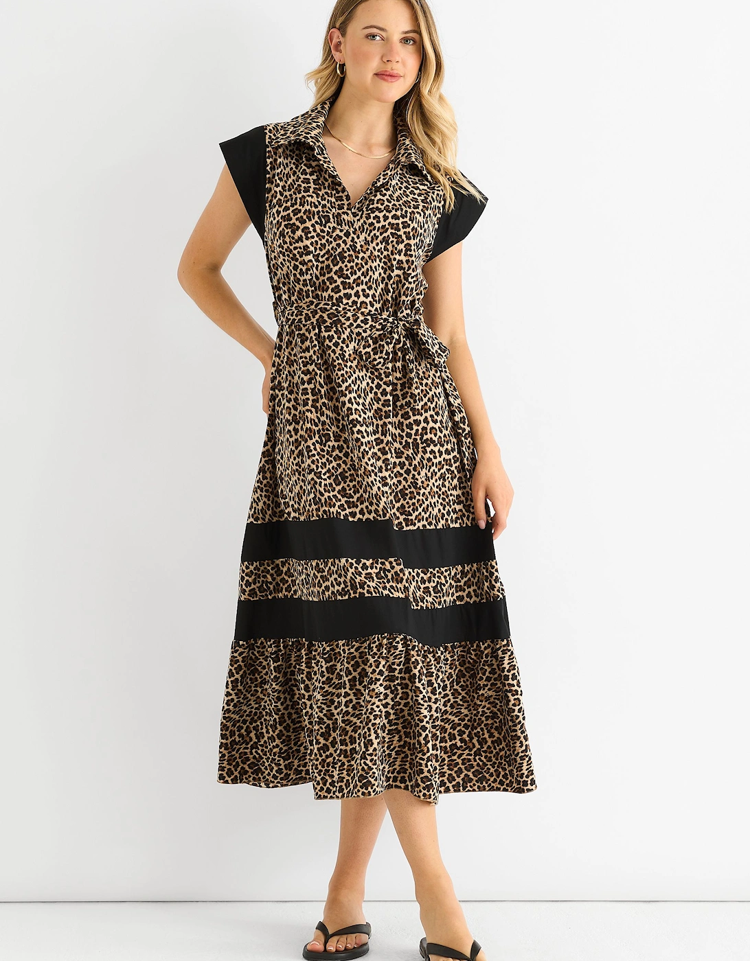 Brown Animal Contrast Panel Smock Midi Dress, 2 of 1