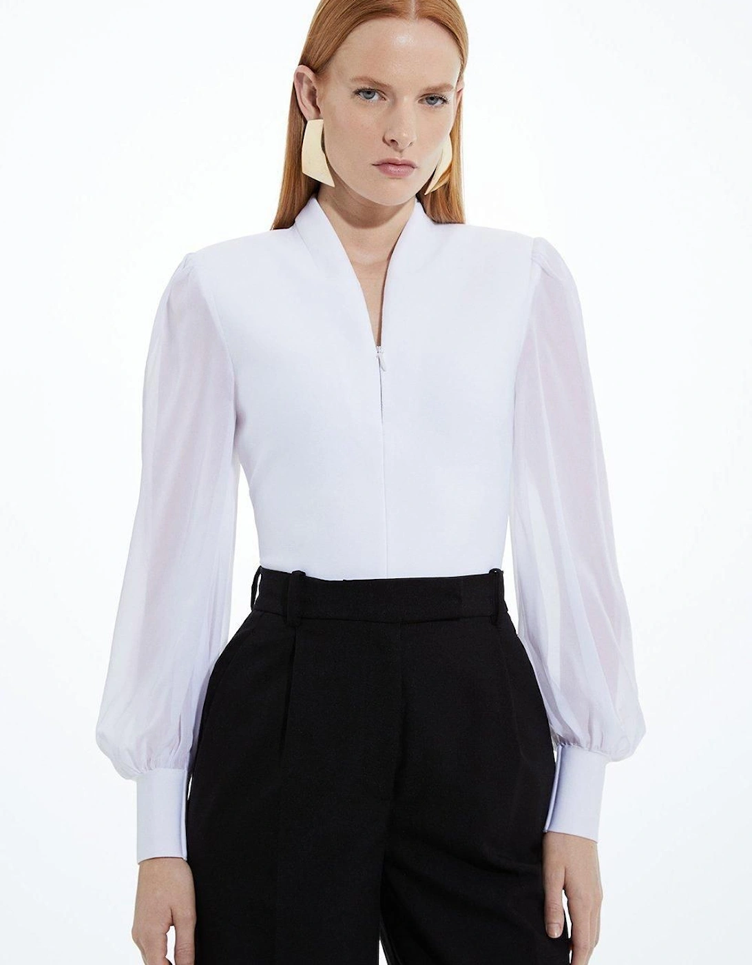 Bandage Figure Form Zip Detail Chiffon Sleeve Knit Top, 2 of 1