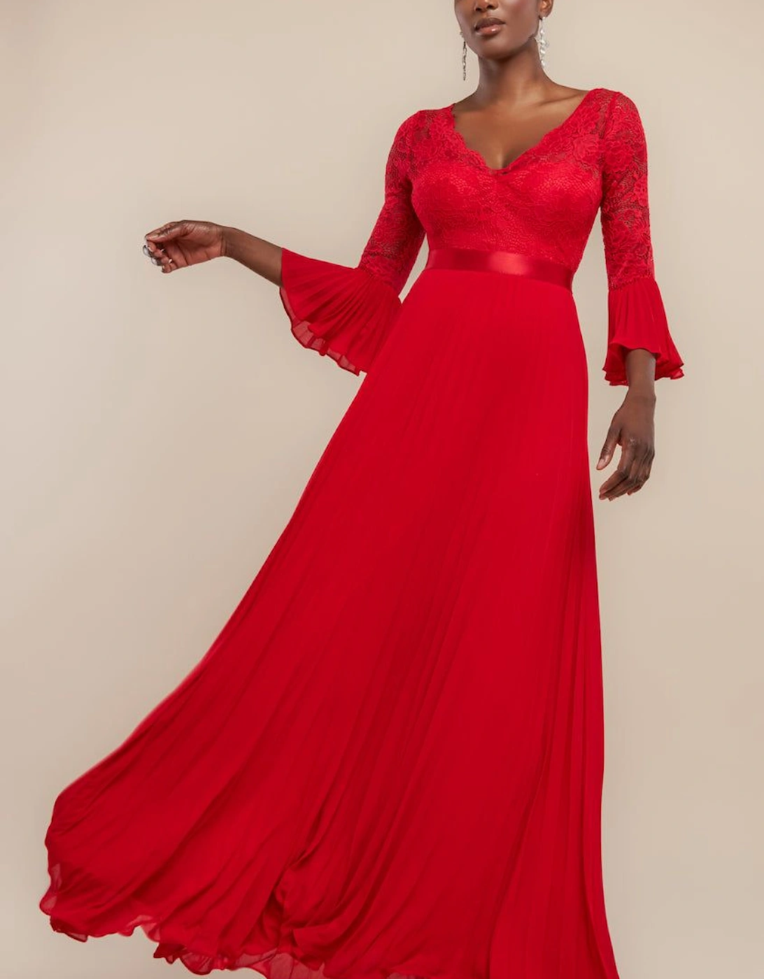 Scalloped Lace Bodice Pleated Chiffon A Line Maxi Dress, 2 of 1