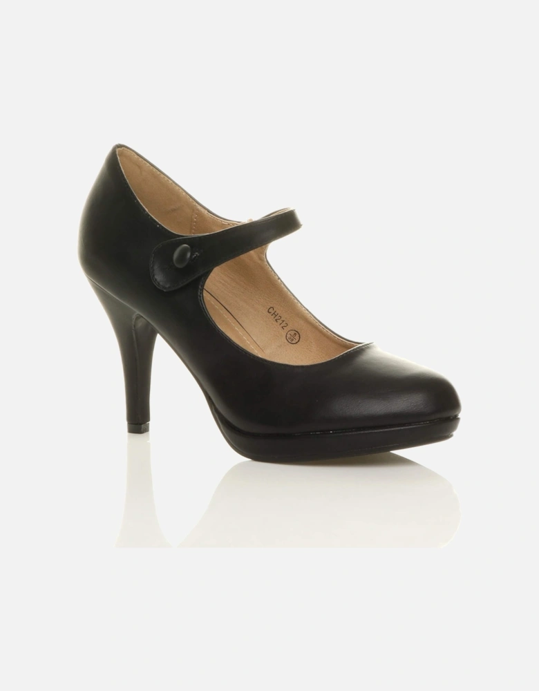 High Slim Heel Mary Jane Faux Leather Court Shoes