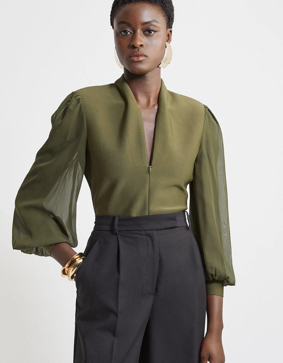 Bandage Figure Form Zip Detail Chiffon Sleeve Knit Top, 2 of 1