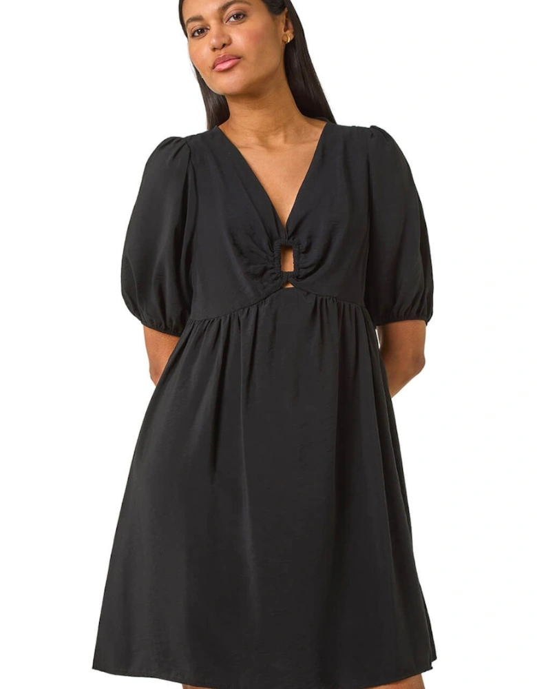 Ring Detail V-Neck Gathered Dress