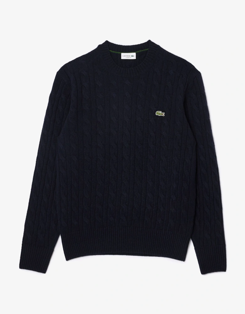 Carded Wool Cable Knit Crew Neck Mens Sweater - Navy Blue 166