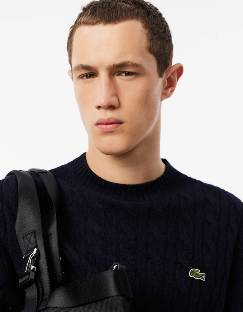 Carded Wool Cable Knit Crew Neck Mens Sweater - Navy Blue 166