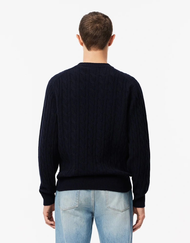 Carded Wool Cable Knit Crew Neck Mens Sweater - Navy Blue 166