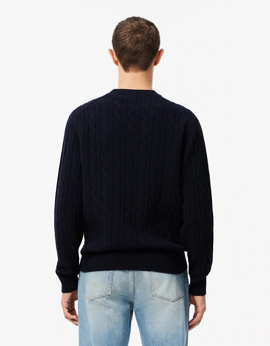 Carded Wool Cable Knit Crew Neck Mens Sweater - Navy Blue 166